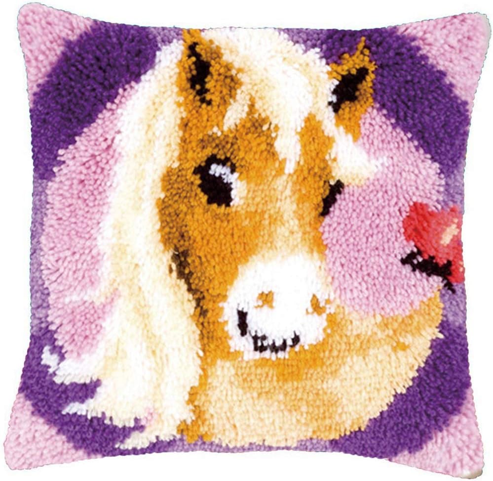 DL-YTG Latch Hook Kits Pillow Horse Crochet Yarn Cushion Colour Pre-Printed Canvas Rug Needlework DIY Pillowcase Hook and Latch Kit Arts Crafts Christmas Home Sofa Decoration 42x42cm/17 X17