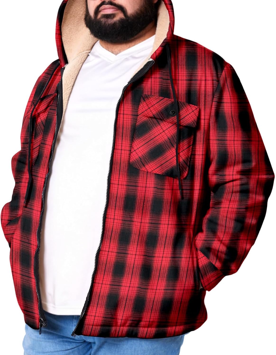 Big and Tall Flannel Jacket for Men Plaid Fleece Hoodie Zip Up Sherpa Lined Winter Coat, 2XL-8XL Plus Size - Image 3