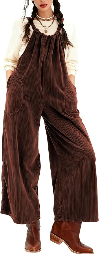 Yeokou Corduroy Overalls for Women Casual Barrel Wide Leg Bib Pants Loose Sleeveless Jumpsuit with Pockets