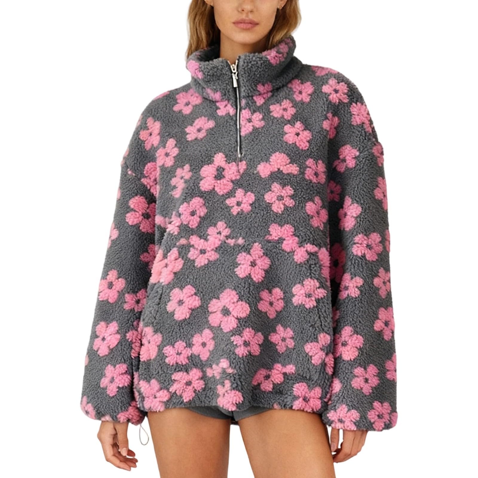 Fleece-Sweatshirt mit Rundhalsausschnitt Blumendruck, gemütlicher, Warmer Winterpullover, weicher, langärmeliger Freizeit-Loungewear für den kaltes Wetter, modische Oberbekleidung#M