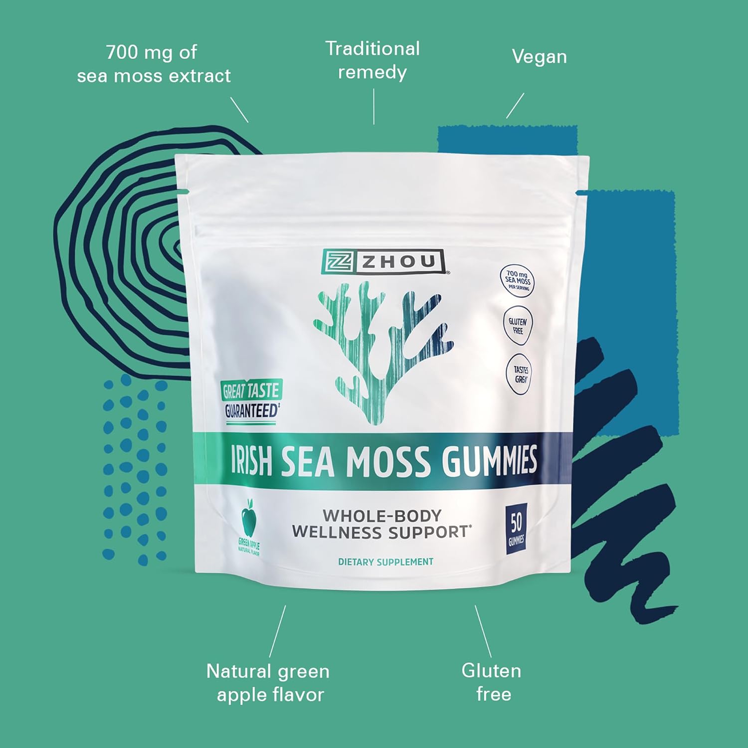ZHOU Irish Sea Moss Gummies for Women & Men - 700 mg Sea Moss Extract, Daily Whole Body Wellness Support, Vegan, Gluten Free, Natural Green Apple Flavor - 50 Count