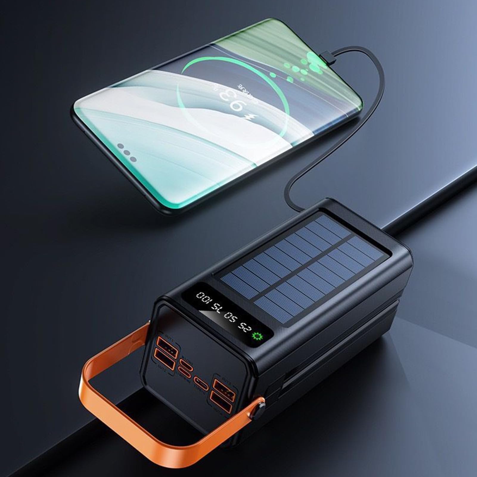 Caricabatterie Solare per Telefono Power Bank Esterno 120W | 50000mAh Luce Emergenza Cavi Integrati 4 Uscite 3 Ingressi per Dispositivi Mobili Escursionismo Zaino in Spalla Campeggio