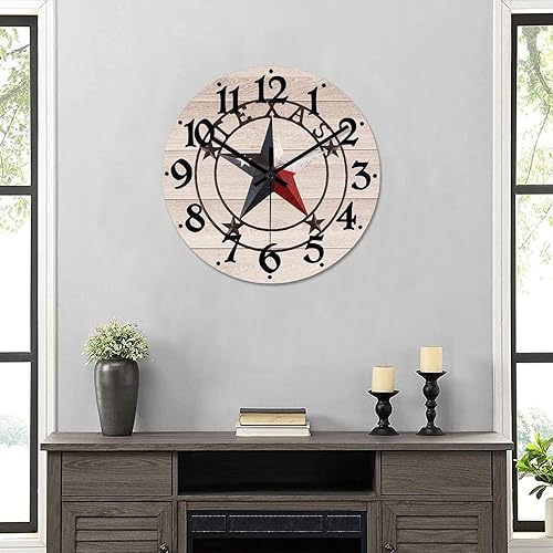 Miniatura 6 de Tollyee Reloj de pared clásico con diseño de estrellas y países del oeste de Texas, reloj de madera sin tictac, silencioso, funciona con pilas, con
