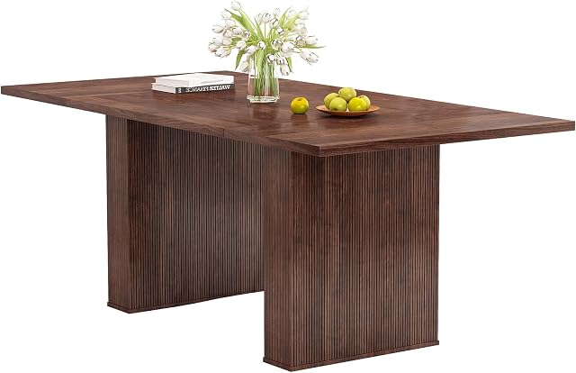 QHITTY 78 Inch Fluted Dining Table, Wood Kitchen Table for 6 to 10, Farmhouse Long Rectangle with Strip Base for Dining Room, Kitchen Walnut