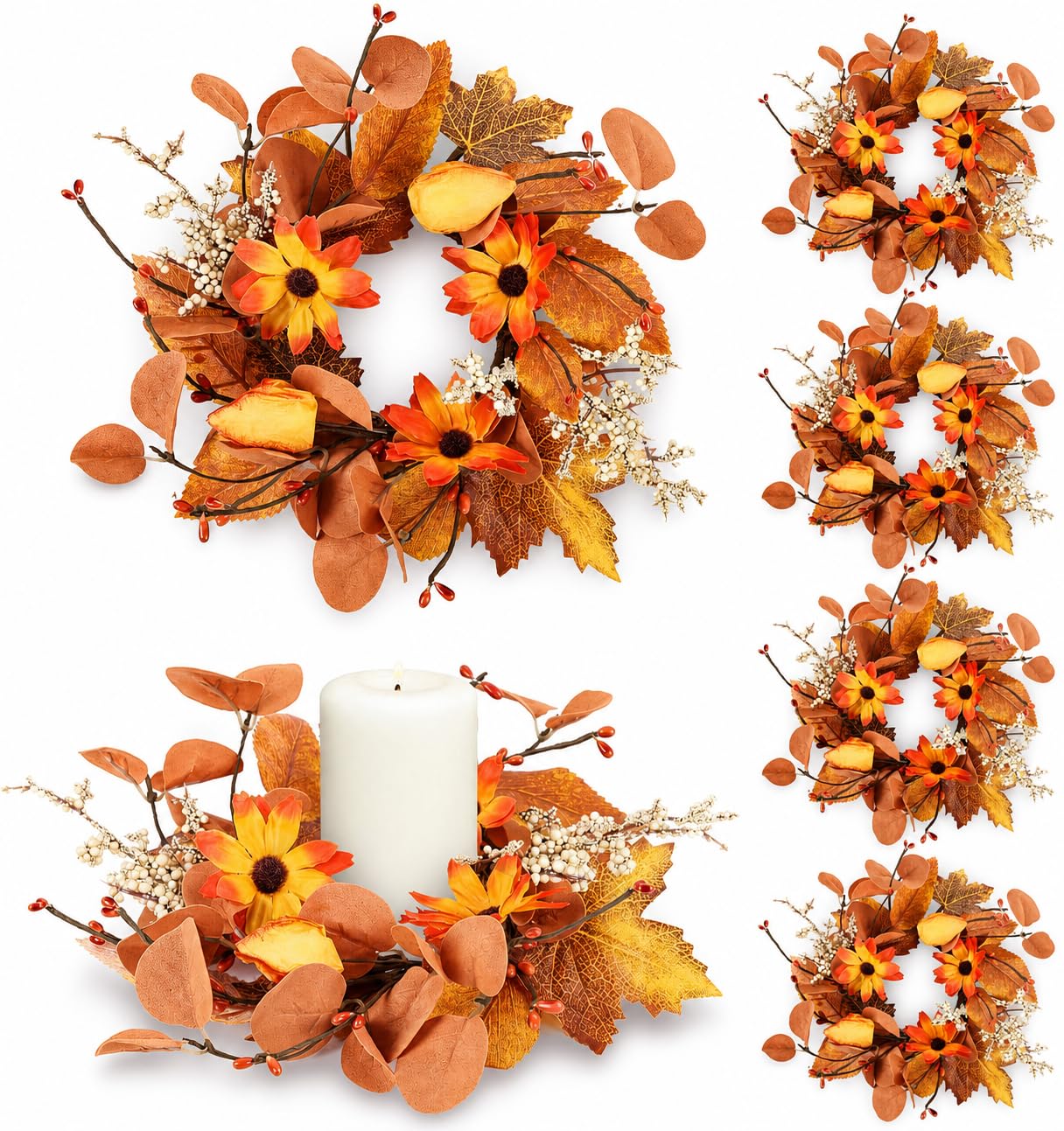 6 Pcs 3 Inch Fall Floral Swags Wreaths Mini Autumn Harvest Sunflowers Leaves Berries Candle Rings Wreath Mini Thanksgiving Table Centerpiece Wreath for Pillar Cabinets Farmhouse Front Door Decoration