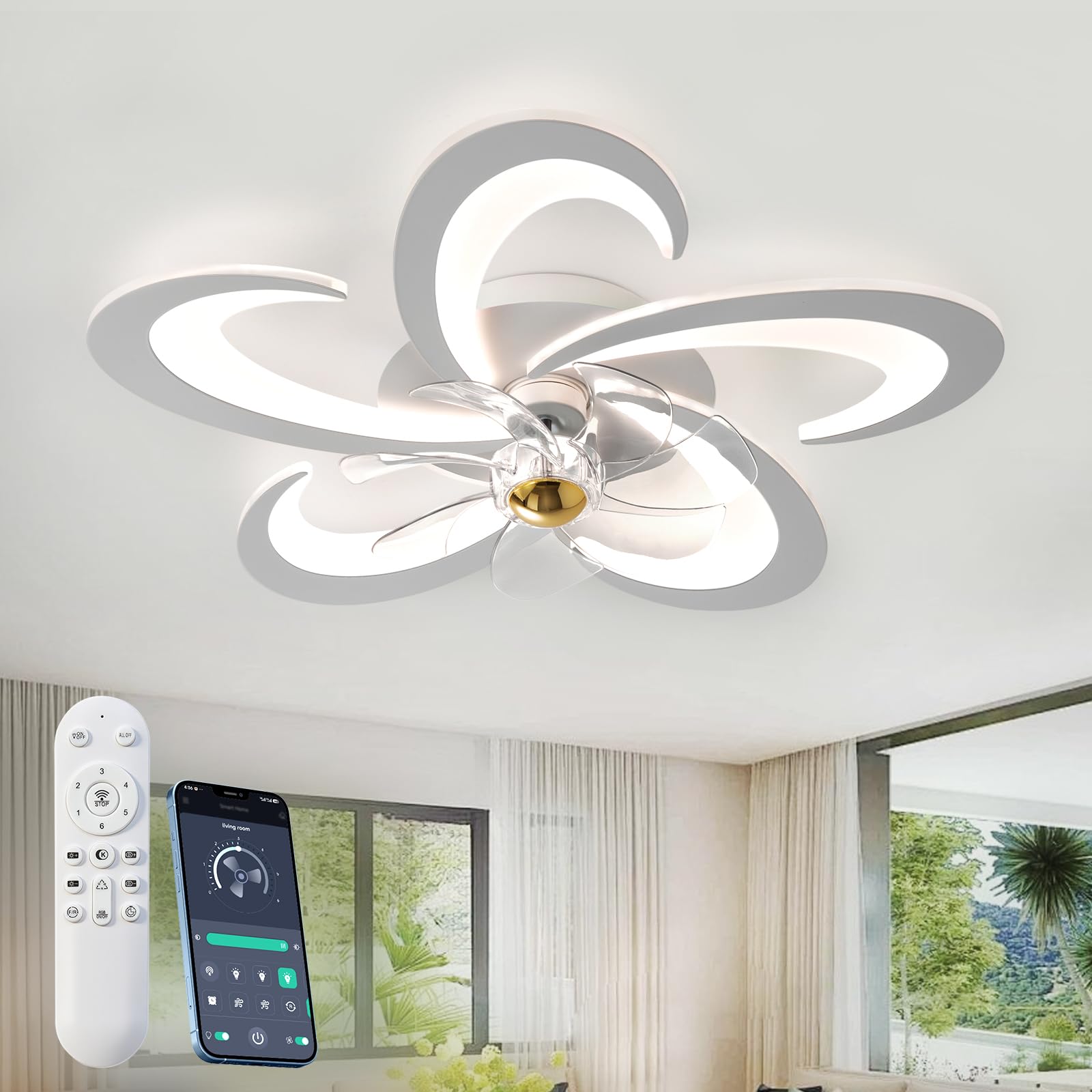 Ventilatore da Soffitto Moderno con Luce, Dimmerabile LED Plafoniere con Telecomando, Silenzioso Lampada Ventilatore da Soffitto per Soggiorno, 6 Velocità/Reversibili