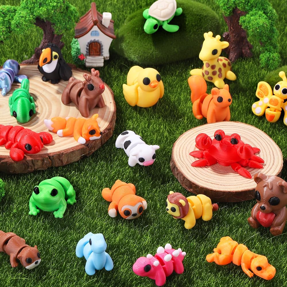 JOICEE 50 Pcs Mini 3D Printed Animal Figurines Set, Articulated Flexible Fidget Toys Cute Desk Pets Decor for Kids Party Favors Birthday Gifts Classroom Rewards Office Home Decorations