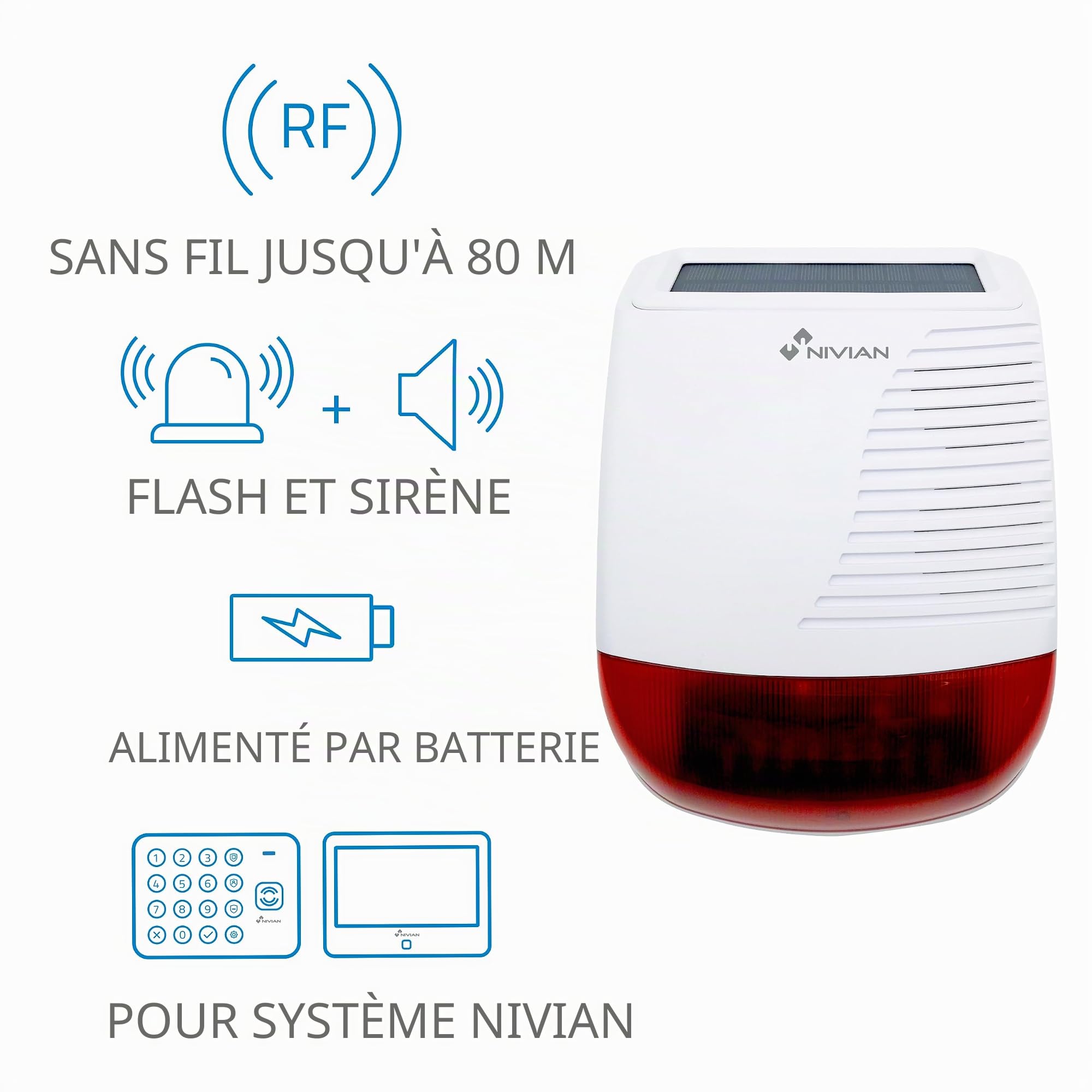 Nivian NVS-SOLARSIREN – Sirène Extérieure sans Fil Solaire 120 DB avec Flash LED Stroboscopique, Compatible Alarmes Nivian 433 MHz, IP65, Batterie Rechargeable, Portée 80 m, Anti-Sabotage