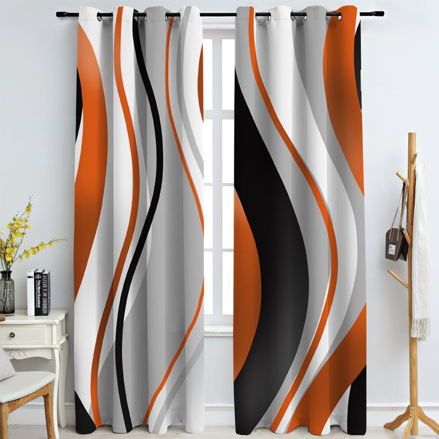 Nordic Light Luxury Window Curtains, Abstract Bule Black Gray Wavy Stripes Blackout Curtains, 2 Panels Polyester Noise Reducing Eyelet Drapes for Bedroom Living Room Apartment (54" W x 39" L)