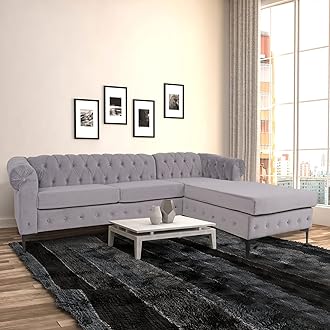 ORRD L-Shape Sectional Sofa, Velvet Tufted Chesterfield Couch Large Sofa Living Room Set with Chaise Lounge and Scrolled Arm for Living Room Home Furniture (Grey)