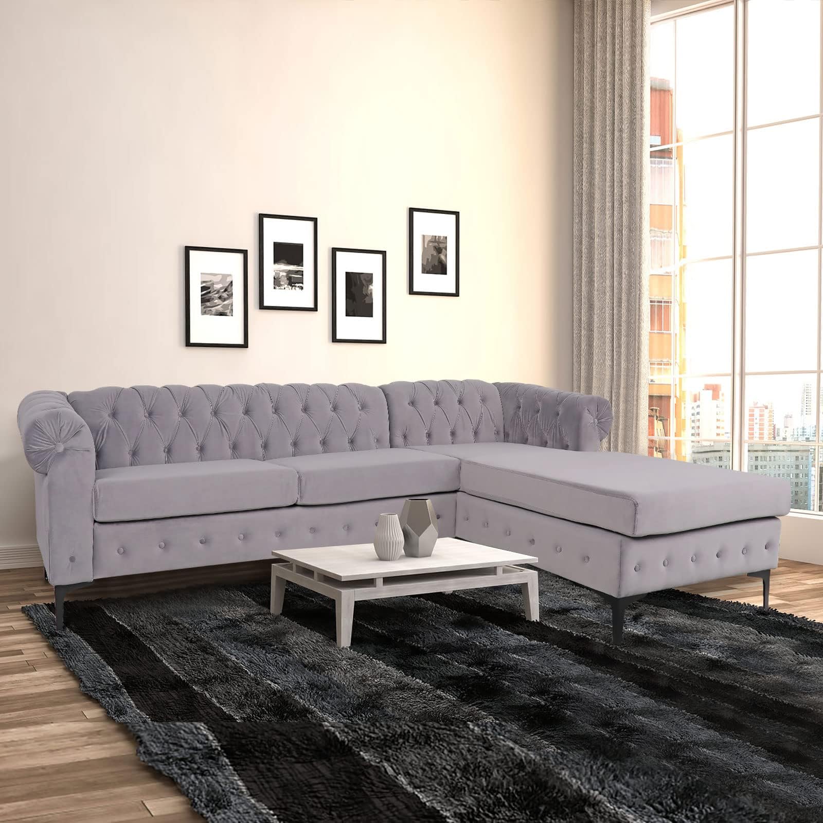 ORRD L-Shape Sectional Sofa, Velvet Tufted Chesterfield Couch Large Sofa Living Room Set with Chaise Lounge and Scrolled Arm for Living Room Home Furniture (Grey)