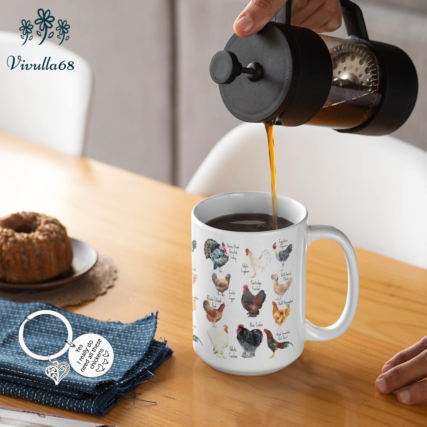 Vivulla68 Breeds of Chicken Coffee Mug 15Oz With Keychain, Chicken Gifts For Chicken Lovers, Chicken Mom Stuffs, Chicken Coffee Cup For Women, Chicken Themed Gifts, Chicken Lady Gifts - Image 5