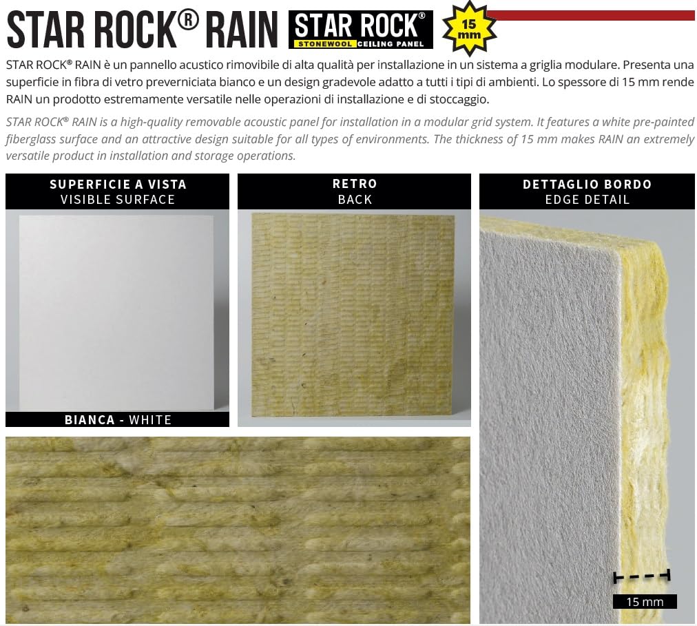 Pannelli per controsoffitto in LANA DI ROCCIA 600x600x15 mm STAR ROCK MIST Confezione da 20 Pz. - 7.20 Mq IN APPOGGIO - Colore BIANCO
