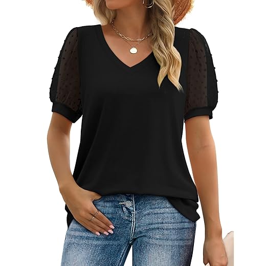 LCXWFE Womens Puff Sleeve Tops Dressy Casual Crewneck Lace Hollow Out Sleeve Tunic Tops
