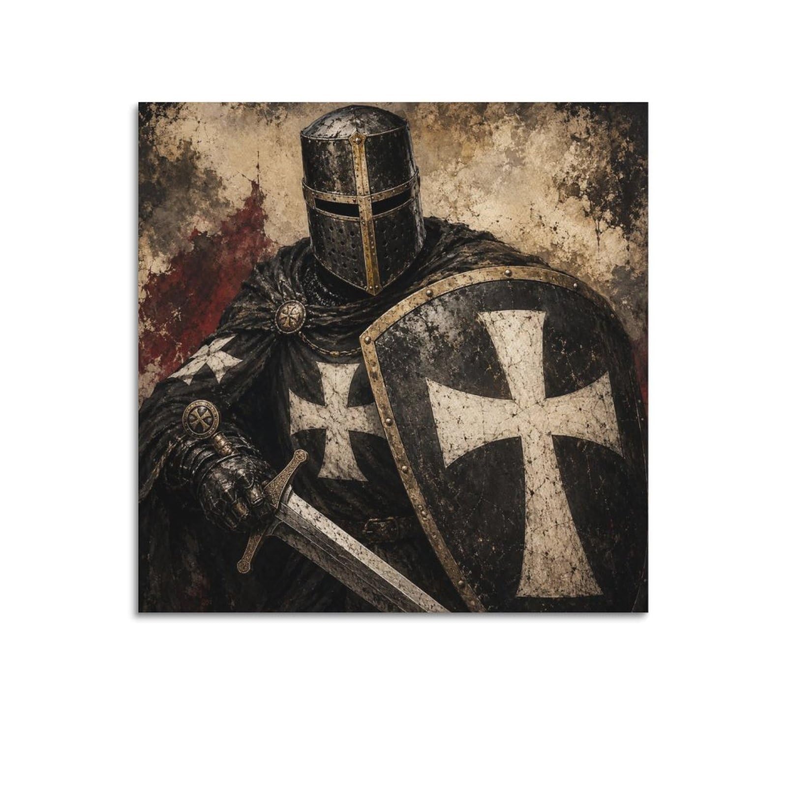 XKUGA Hospitaller Knight Poster White Cross Shield Defender Armor Modern Decorative Canvas Prints - Ideal Wall Art for Family, Man Cave, Game Room, Boys & Girls Bedroom 16x16inch(40x40cm)