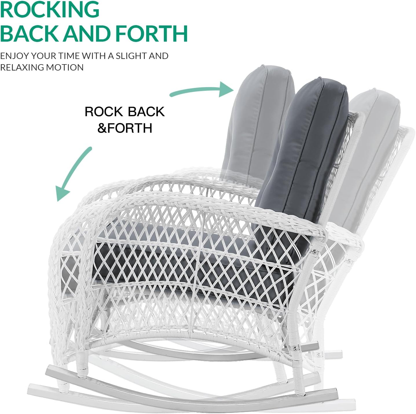 VIVIJASON 4-Piece Patio Wicker Conversation Set, All Weather Outdoor Rattan Furniture Set Includes Glider Loveseat, Coffee Table, 2 Rocking Chairs with Cushions for Backyard, White/Grey