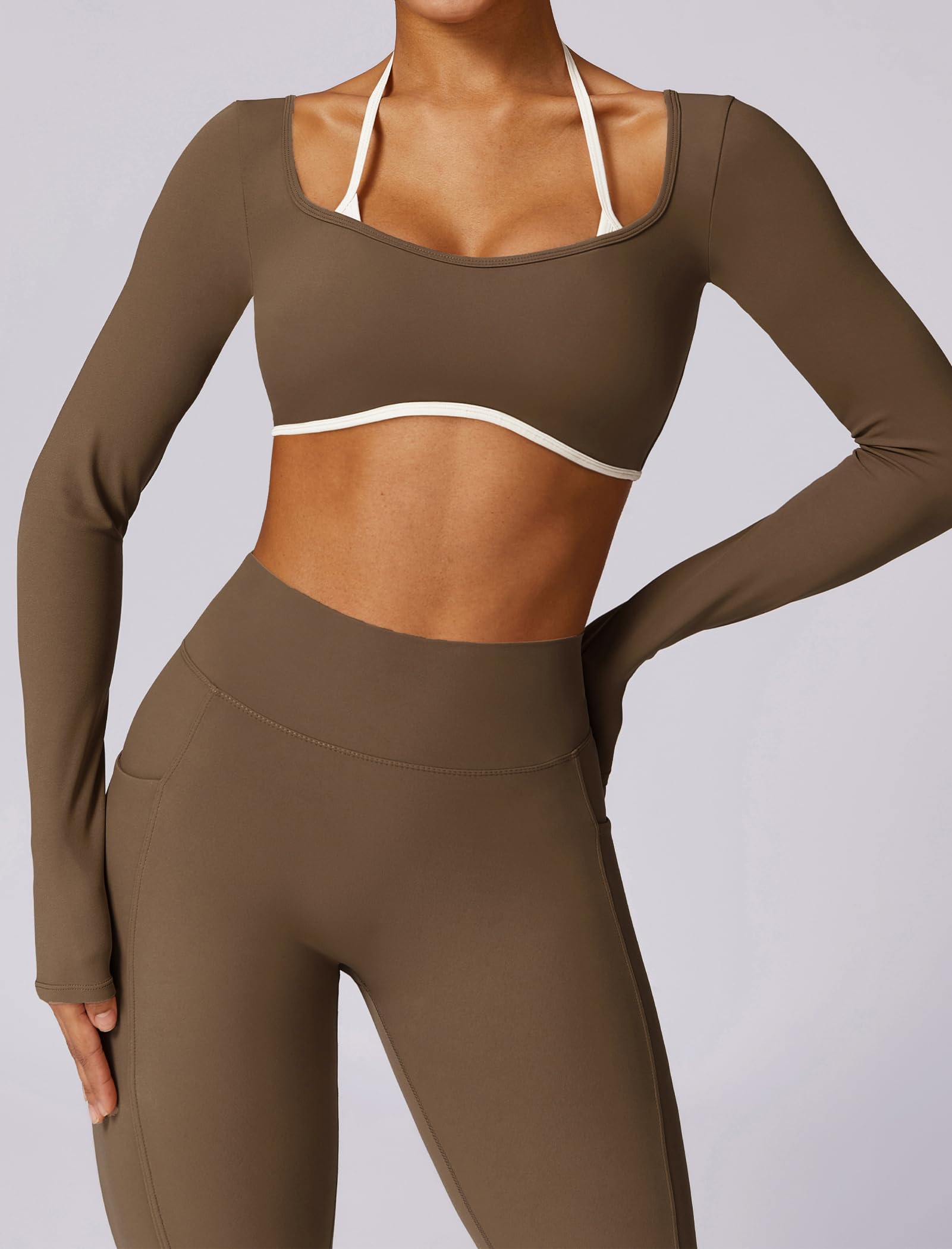 IDOPIP Sport-Set Damen Langarm Rückenfrei: Zweiteiler Gym Set Top mit integrierten Cups und hohe Taile Leggings mit Taschen - Sportkleidung für Fitness Yoga Pilates Workout
