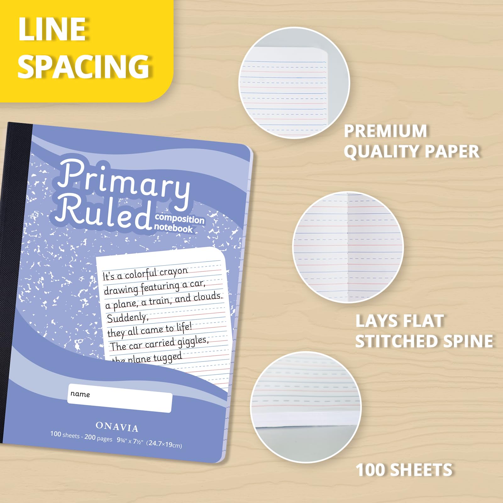 ONAVIA Quaderno di composizione principale, confezione da 12 pezzi, a righe primarie, gradi K-2, 24 x 19 cm, quaderni per scrittura in classe per bambini, blu fiordaliso
