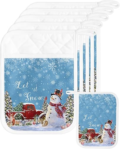 Christmas 4Pcs Pot Holders for Kitchen,Non Slip & Heat Insulation Terry Cloth Potholder Set with Pocket,Thick Hot Pad Oven Mitts Trivet Coaster for