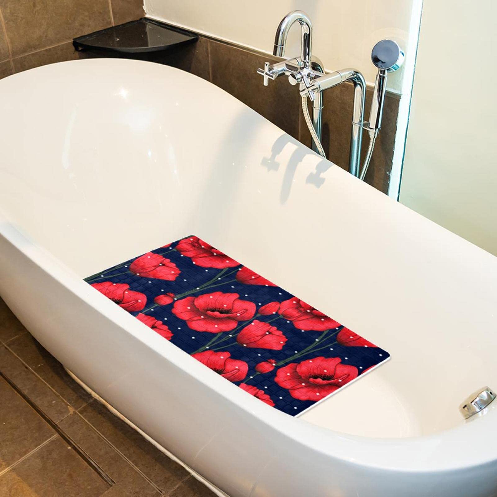 Rutschfeste Badematten für Badezimmer, Motiv: rote Mohnblumen, rechteckige Badewannenmatte, maschinenwaschbar, 39 x 70 cm