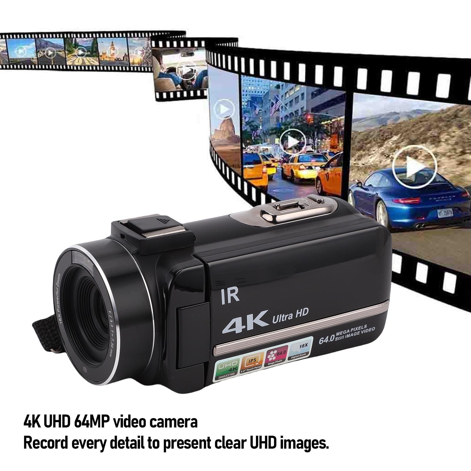 Elprico Videocámara 4K Cámara Vlogging de 64MP para Youtube Pantalla Táctil de 3.0" Zoom Digital 18X con Micrófono Estéreo Externo, Control Remoto, Parasol, Estabilizador de Mano,