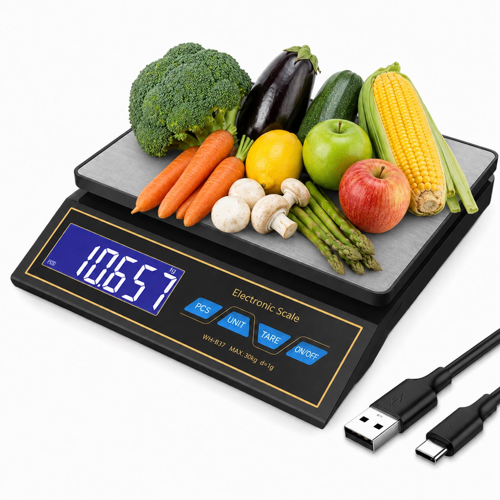 Küchenwaage Digital 30kg mit PCS Stückzählung und Tara, Paketwaage bis 30kg mit 9 Gewichtseinheiten umschaltbar 6 Zeitstufen Auto-Off, Lebensmittelwaage Groß für Gastronomie Versand und Backen