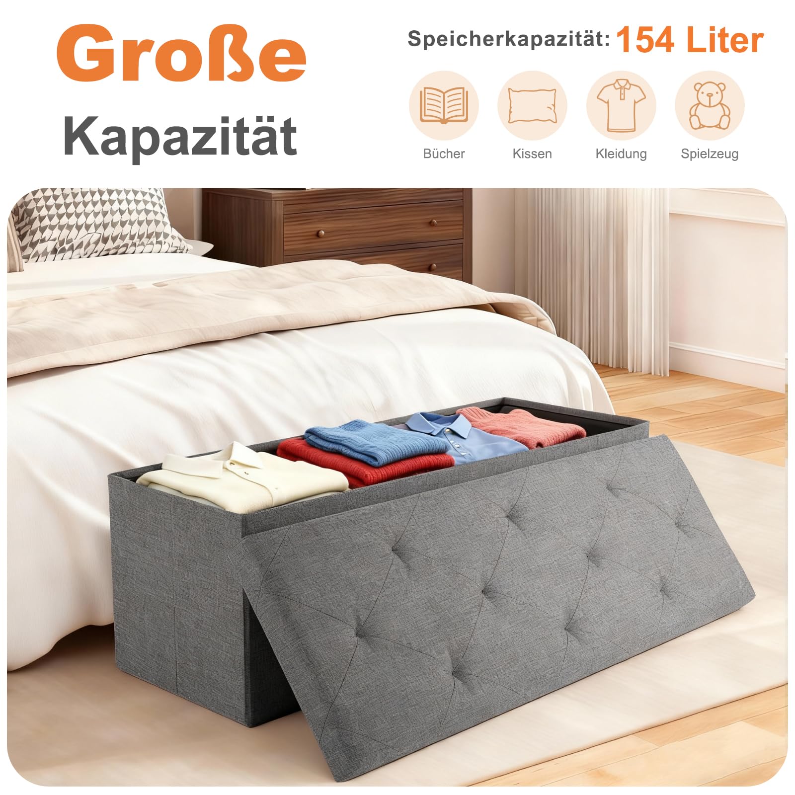 Sweetcrispy Sitzbank mit Stauraum, Klappbare Sitztruhe, Sitzhocker, 110 x 38 x 38 cm, Aufbewahrungsbox mit Deckel als Hocker & Fußbank, bis 300 kg belastbar, für Wohnzimmer Schlafzimmer Flur, Grau