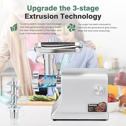 Miniatura 4 de Huanyu Picadora de carne eléctrica de 2800 W Max con acero inoxidable, 2 cuchillas y 3 platos, 3 rellenos de salchichas, kits Kubbe máquina de