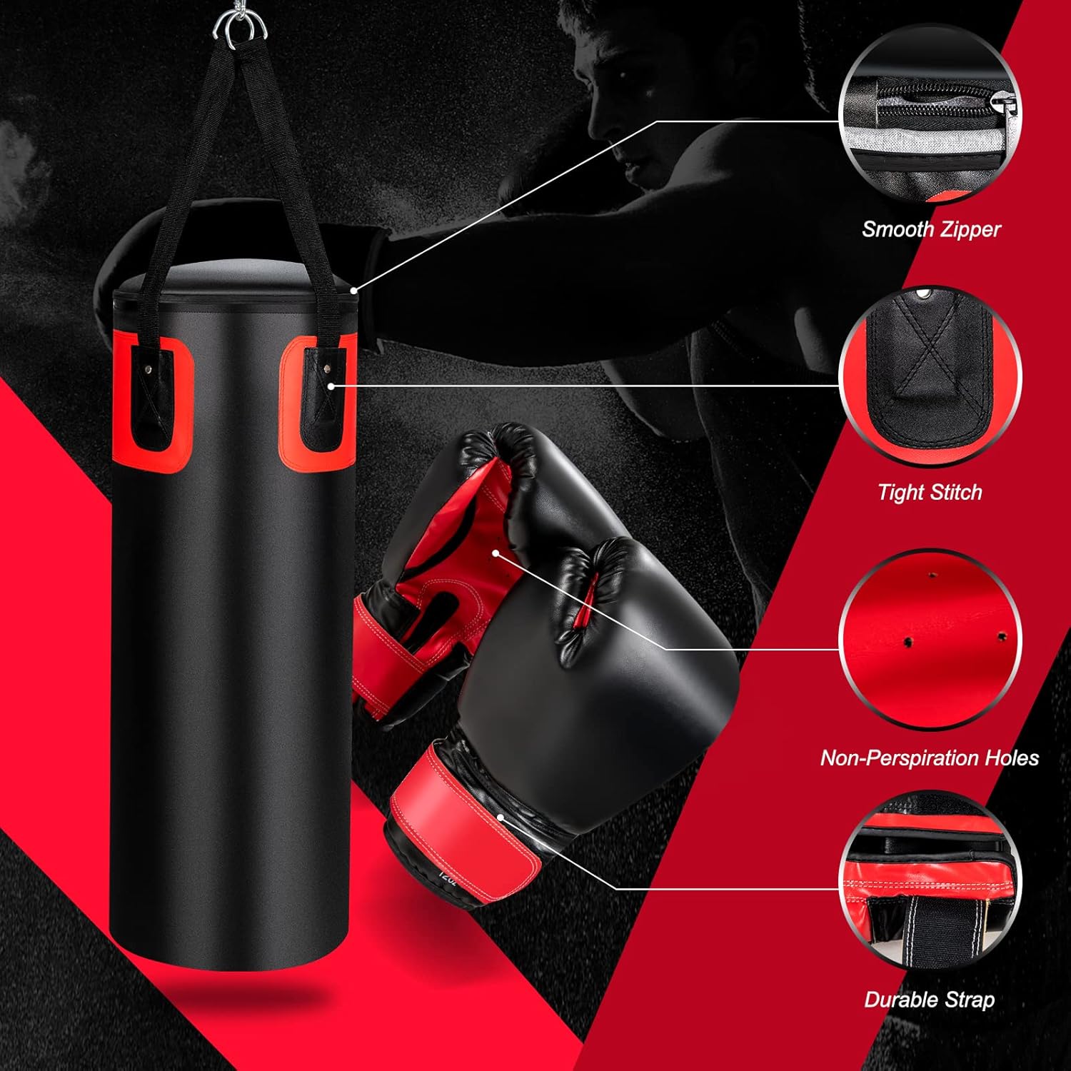 GYMAX Punching Bag Set, 56lbs Prefilled Heavy Duty Boxing Bag for Adults with 12OZ Punching Gloves & Two 95" Hand Wraps, 360°Hanging Kick Punching Bag for MMA Karate