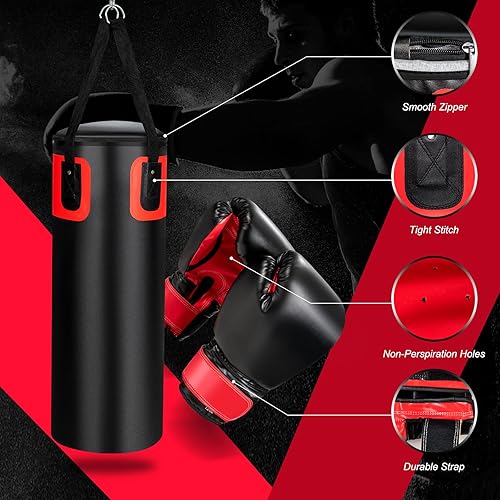 Miniatura 3 de GYMAX Juego de saco de boxeo, bolsa de boxeo precargada de 56 libras para adultos con guantes de boxeo de 12 onzas y dos envolturas de mano de 95