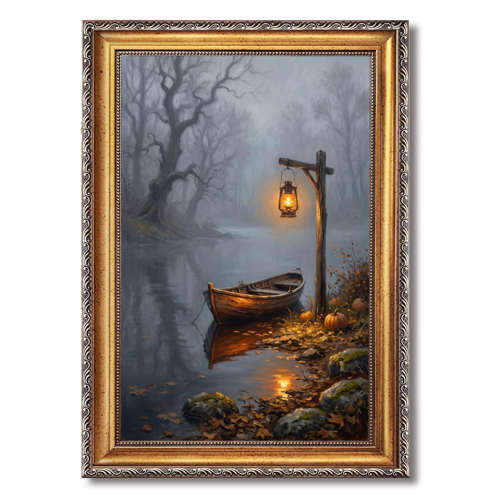 Cuadro decorativo de otoño con farol en un lago brumoso, ideal para decorar
