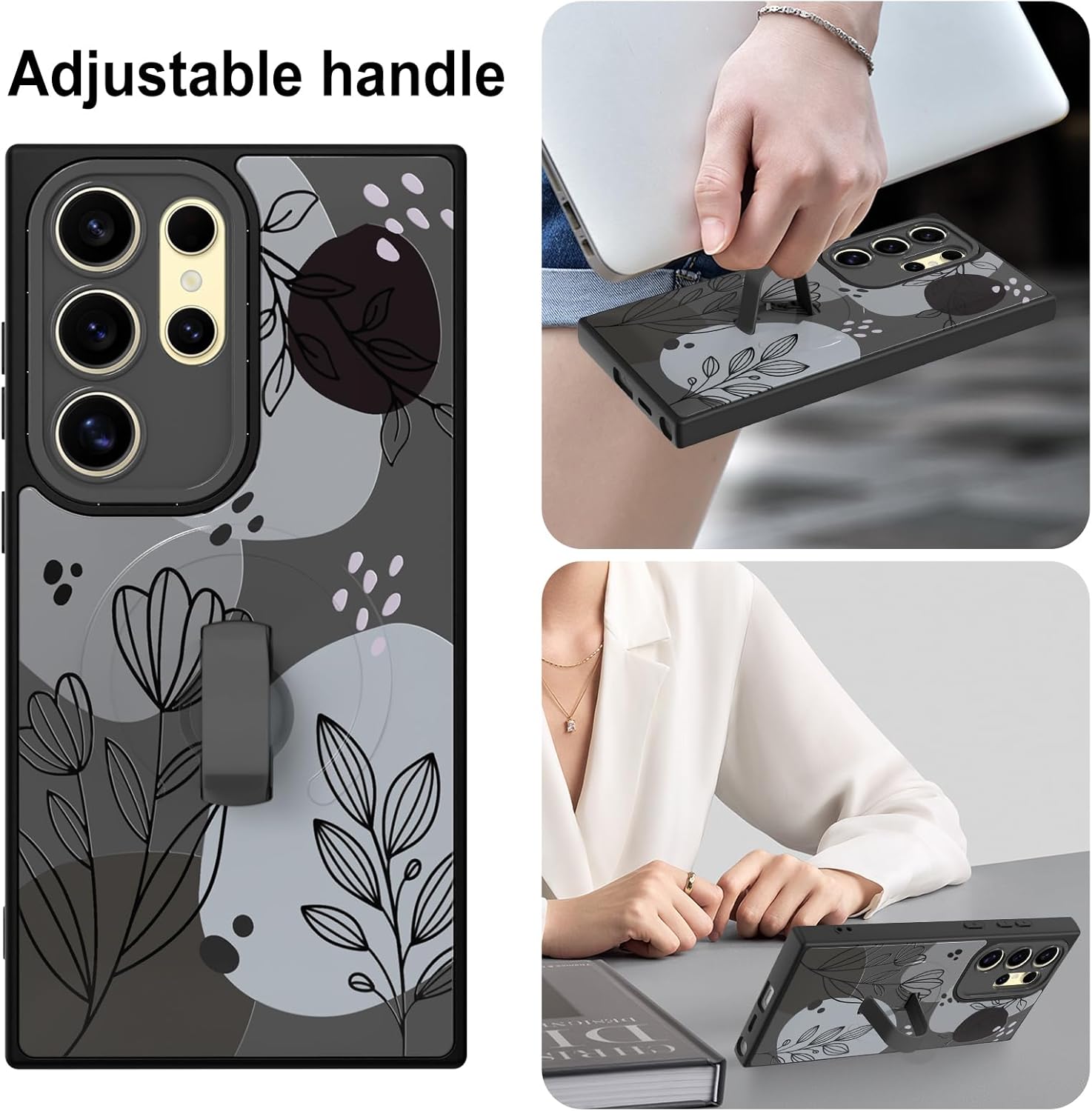 MOWIME Magnetic for Samsung Galaxy S24 Ultra Case with Finger Strap, Compatible with Magsafe, Floral Flower Pattern Women Girls, Slim Shockproof Soft TPU Case for Galaxy S24 Ultra 6.8 Inch, Black