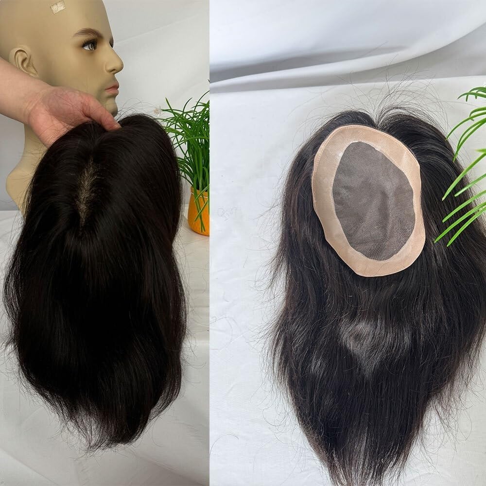 Men's Toupee 9" Indian Human Hair Men's Hairpiece Toupee for Men 6"x8" Fine Mono with PU Base Male Hair Prosthesis(Brown Color)