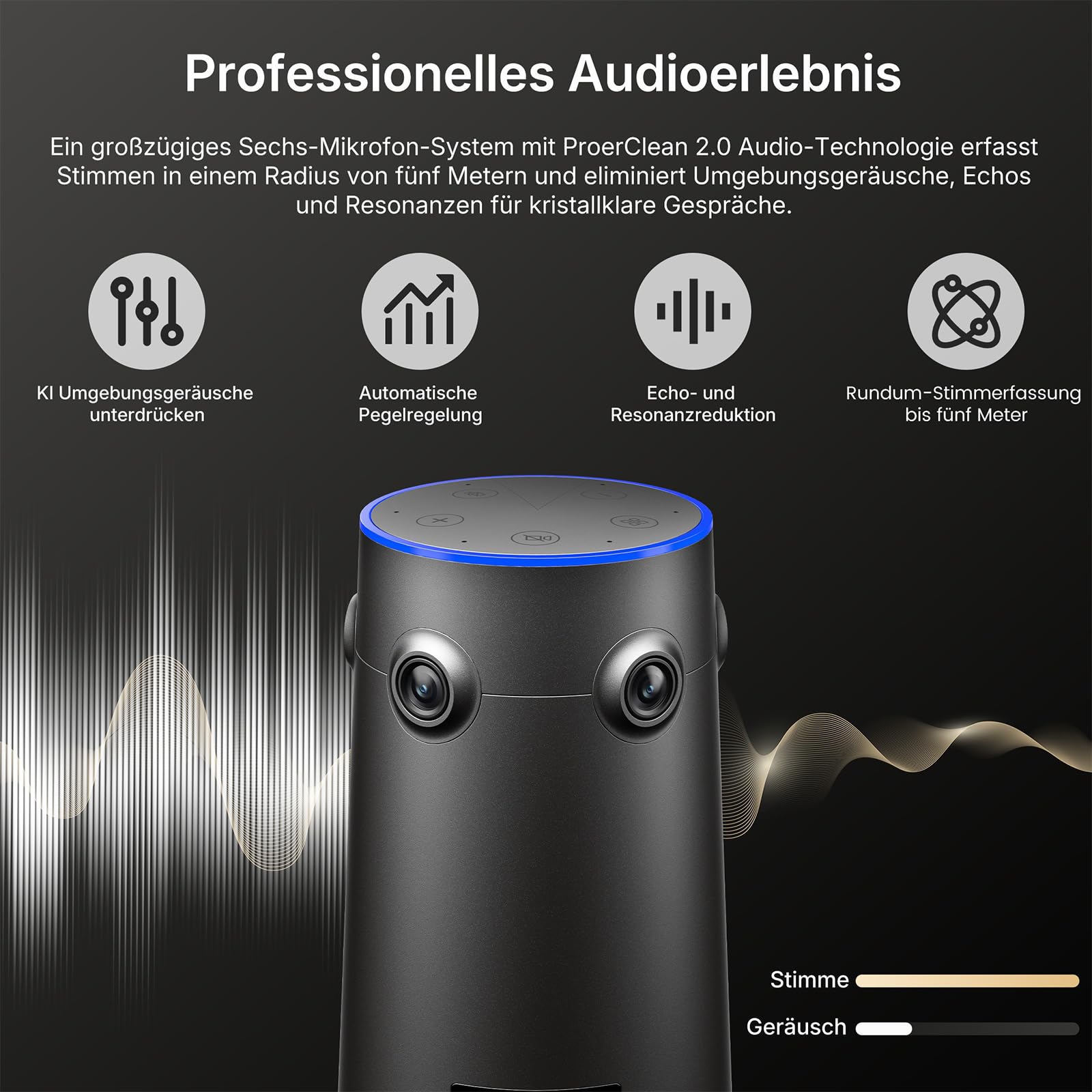NEARITY 360 Alien 4K Webcam für Videokonferenz, 3 KI-Modi, 6 Mics mit Geräuschunterdrückung, Auto-Framing, 8MP Videokonferenzkamera mit Mikrofon und Lautsprecher für Zoom/Teams/PC/Laptop/SmartBoard
