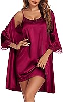 Vista 1 de Ekouaer Camisón de satén para mujer, conjunto de 2 piezas, ropa de dormir sexy de encaje