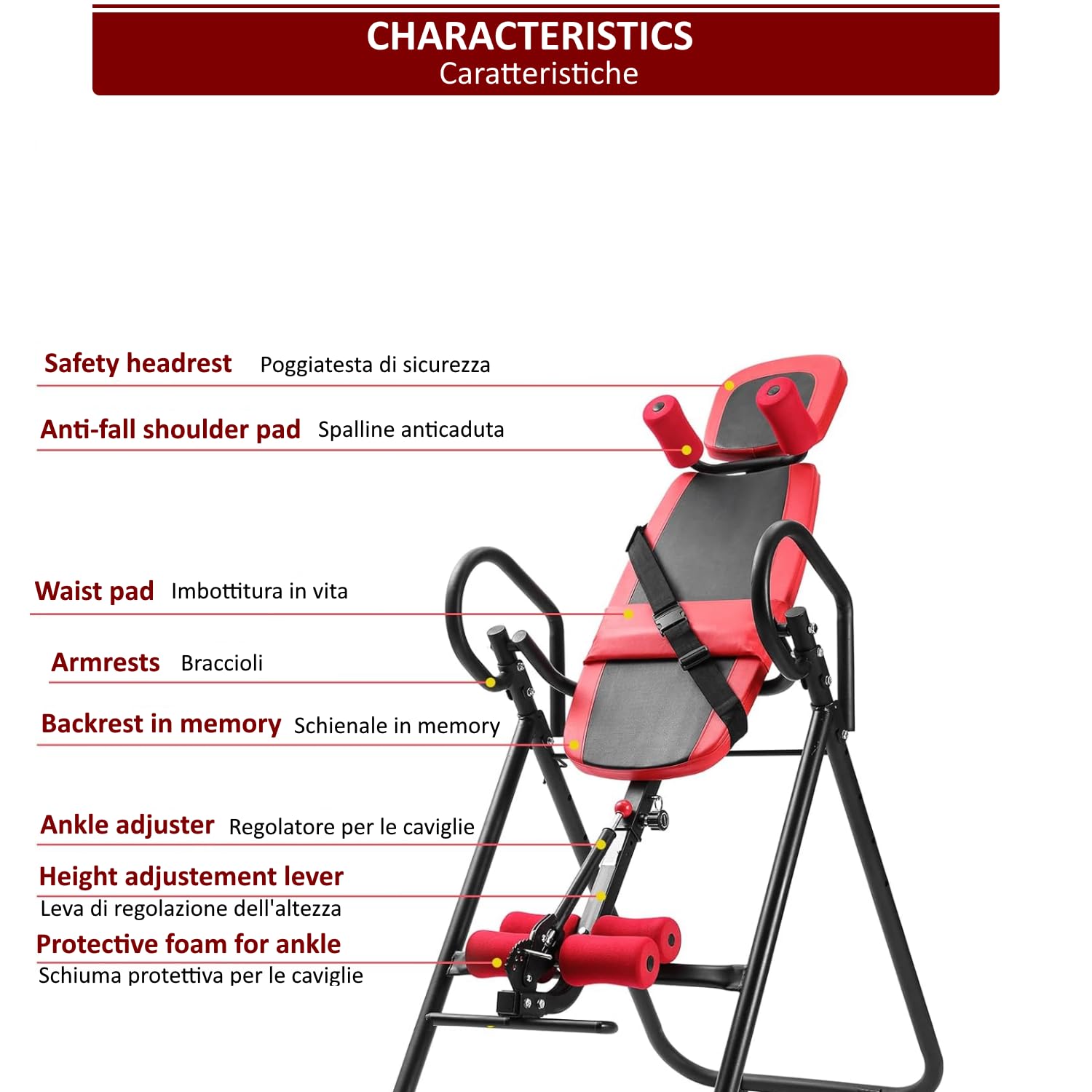 Banc à inversion résistant avec appui-tête machine inversée gravitationnelle avec hauteur réglable 4 angles d'inversion, Rouge et noir
