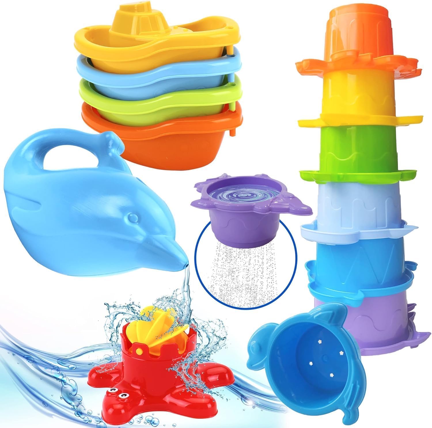 TECHNOK Baby Bath Toys for Toddlers - 12 pcs Rainbow Stacking Cups Baby Toy with Bath Boats Train and Toddler Watering Can - Stackable Plastic Bath Toys - Sea Animal Shapes Bath Toy for Girls and Boys