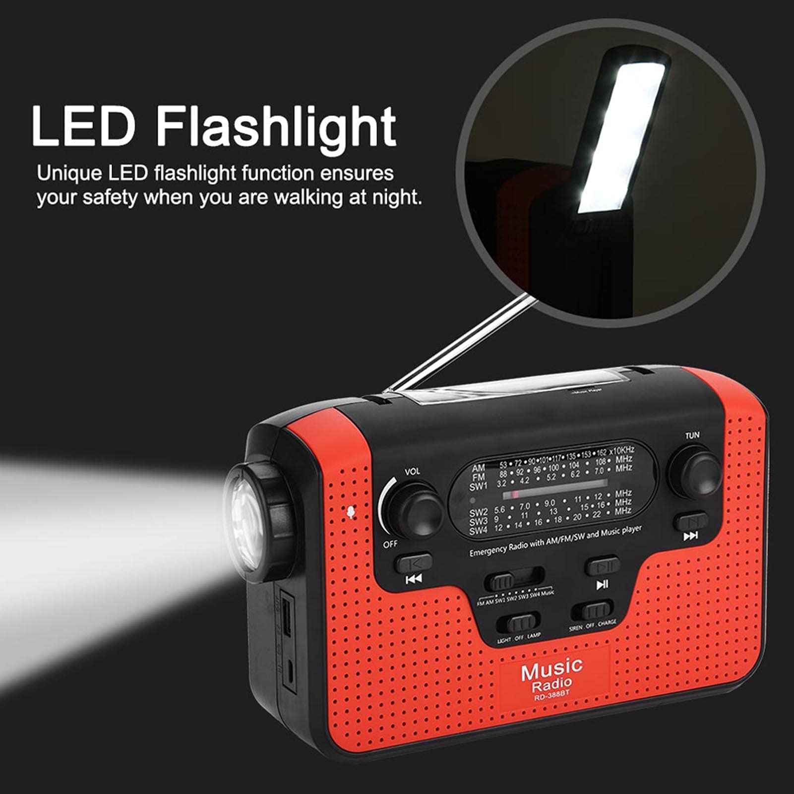 Radio à Manivelle Solaire D'urgence, Radio à Manivelle Solaire RD-388 FM/AM/SW, avec Lampe de Poche LED, Chargeur de Téléphone/appel Mains Libres, pour Extérieur/lecteur de Musique/camping(rouge)
