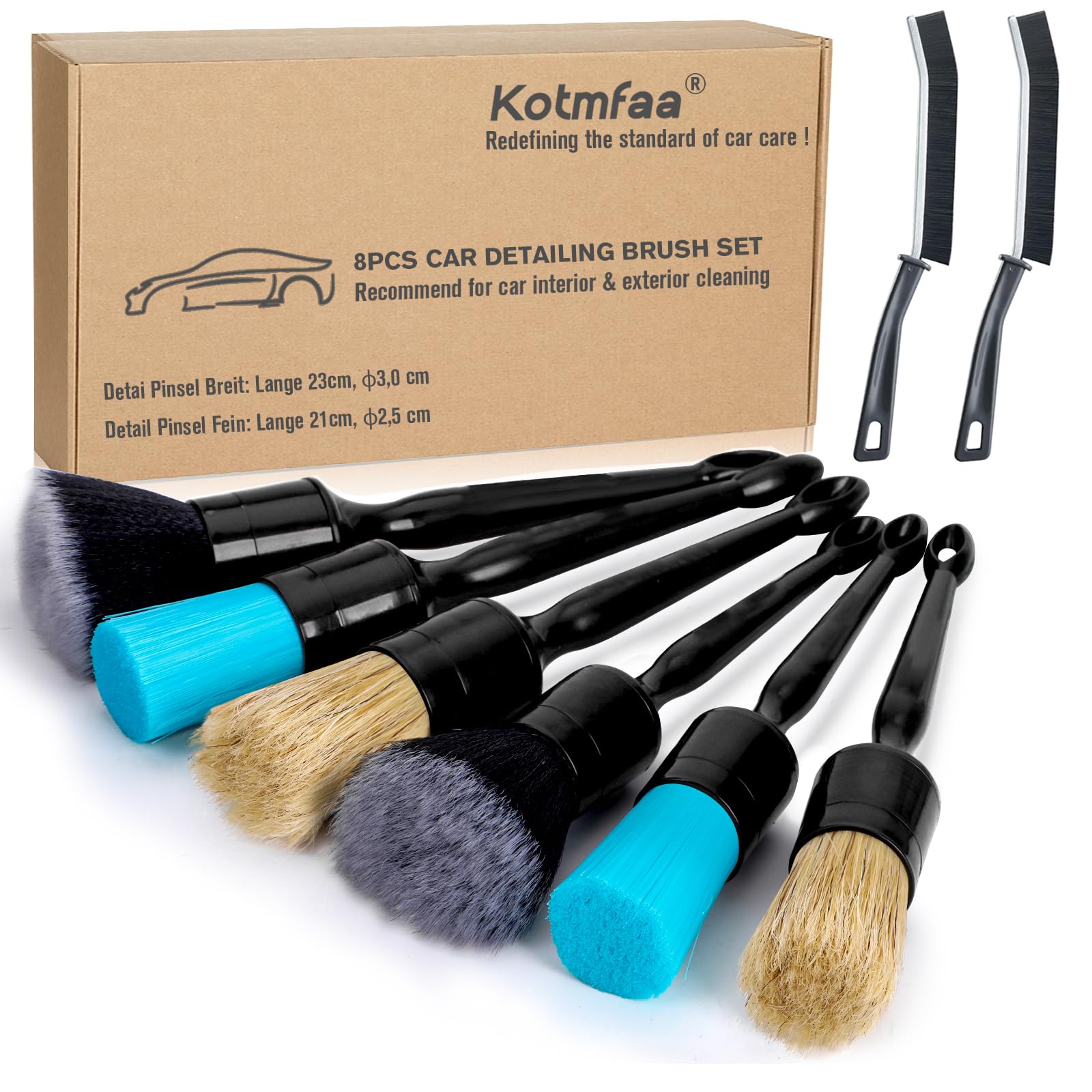 Kotmfaa Auto Reinigung Pinsel Set | 8X Detailing Bürsten in Weich - Mittel - Hart | ultraweich Detail Brush, Felgenbürste, Fugenbürste für effektive sanfte Reinigen & Pflege im Auto Innenraum & Außen