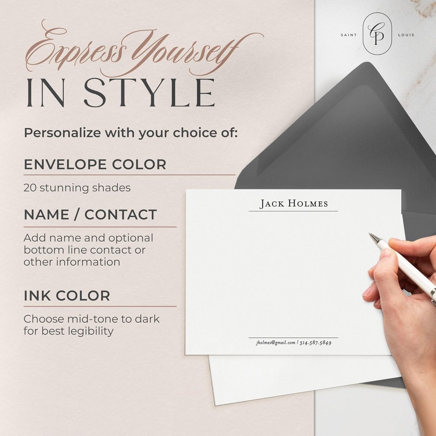 Curio Press Personalized Stationery Note Cards with Envelopes, A2 & A7 Flat Card with Custom Note Cards Name and Contact Info, Personalized Stationary for Men Custom Card - Prestige Flat
