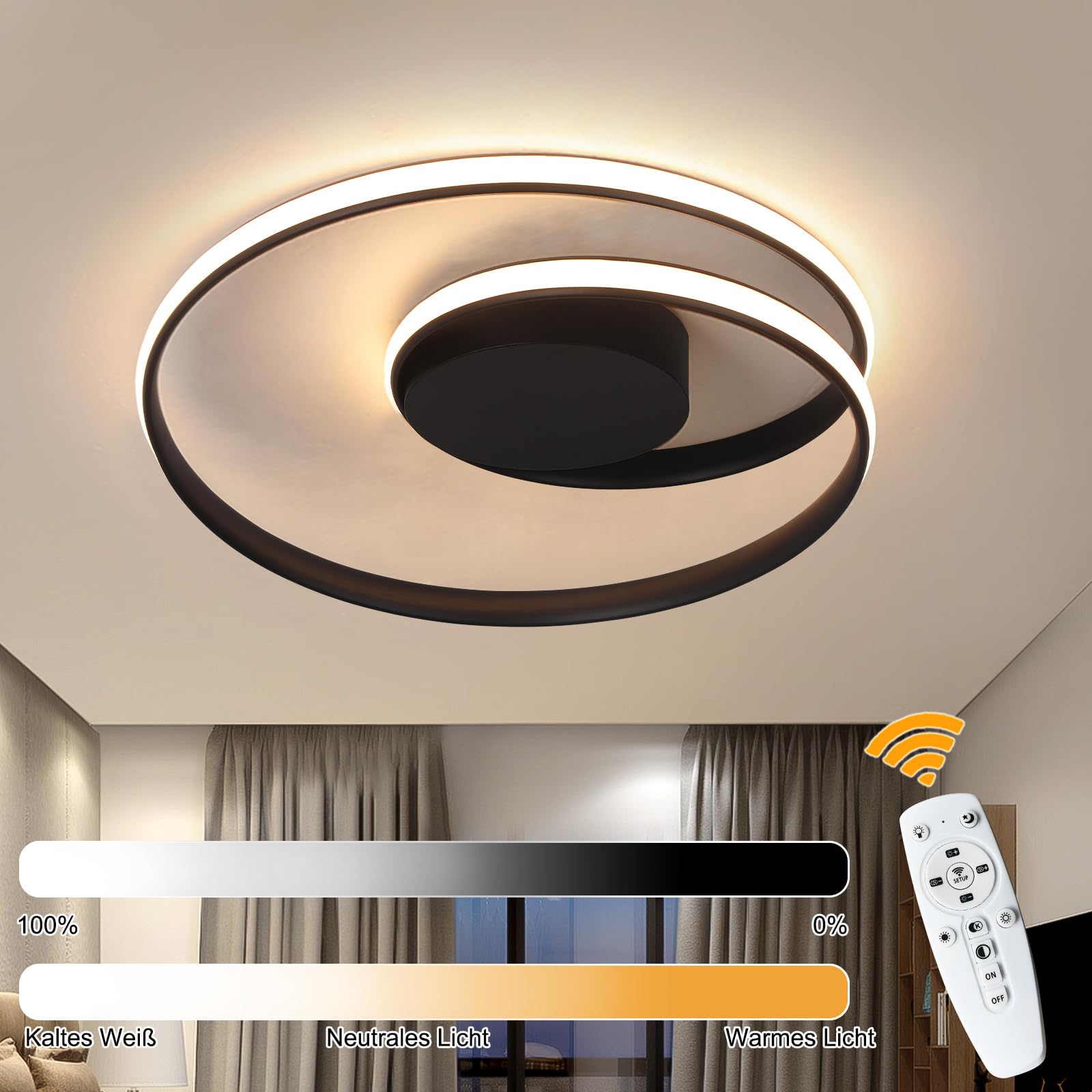 Flush Mount Deckenleuchte mit Fernbedienung Led 18''Runde dimmbare Badezimmer Deckenleuchte Flur Licht mit 3 Farbtemperatur Lampe 47W für Schlafzimmer Flur Küche (Schwarz)