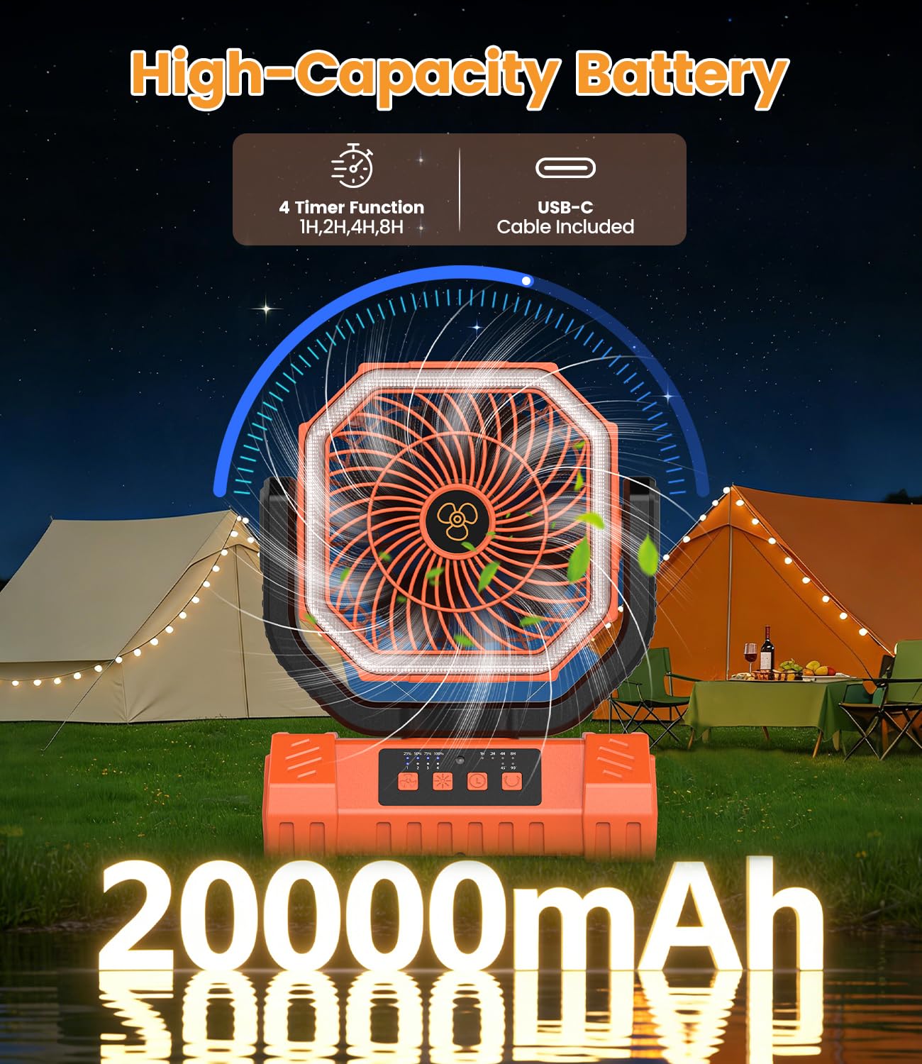 Tragbarer Camping Ventilator 20000mAh Akku mit LED Licht & Fernbedienung, USB Leise Tischventilator für Outdoor Camping Zelt Stromausfall Angeln Orange