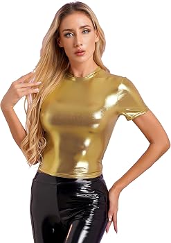 XUNZOO Women's Shiny Metallic Crop Top - Long Sleeve High Neck, Stretch Polyester Spandex, Gold, Rave & Festival Wear - View #5