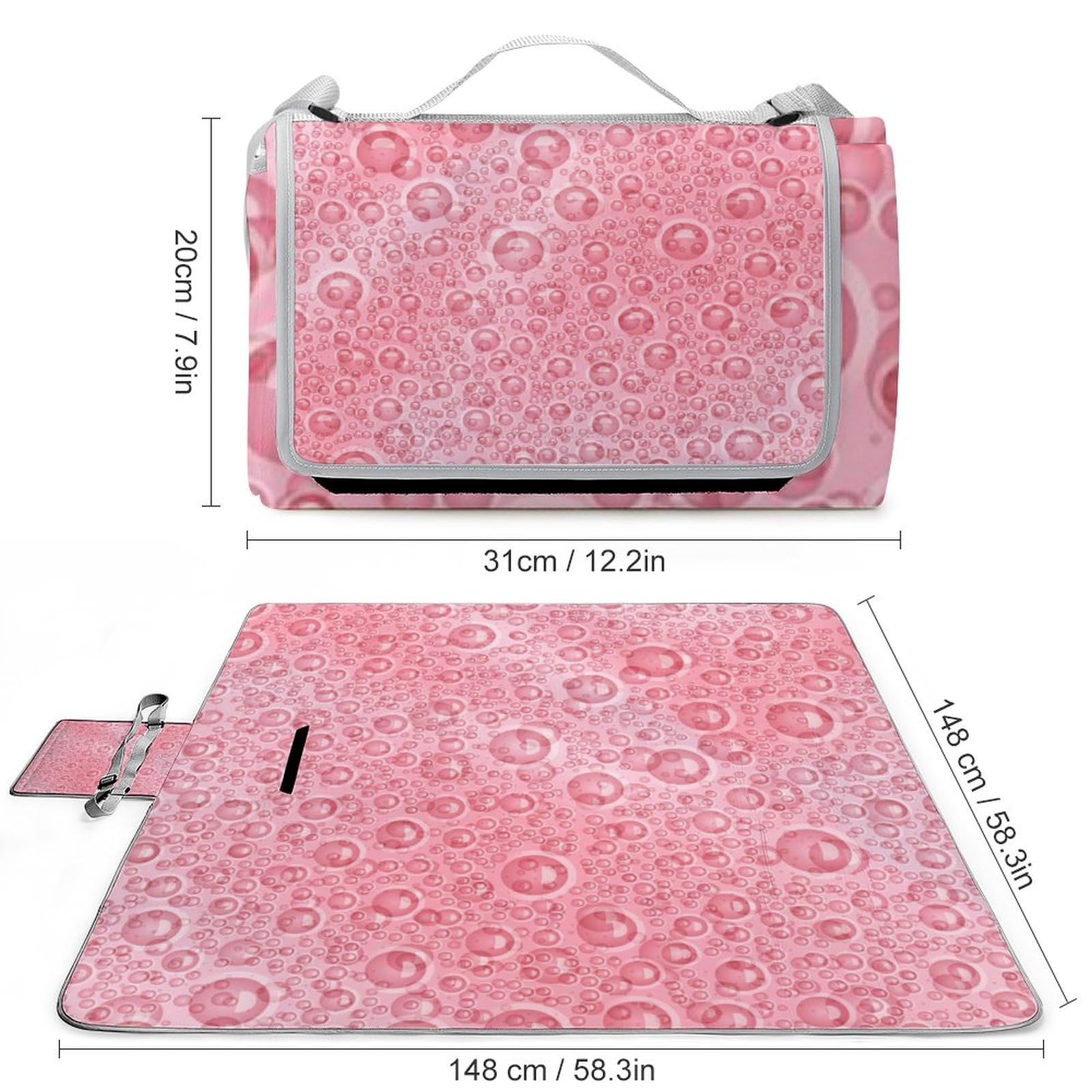 Pink-Texture Picnic Blanket Waterproof Foldable, Large Outdoor Picnic Blanket Beach Blankets Camping Blanket Travel Mat, Shoulder Strap Tote, Rectangle 58x58in