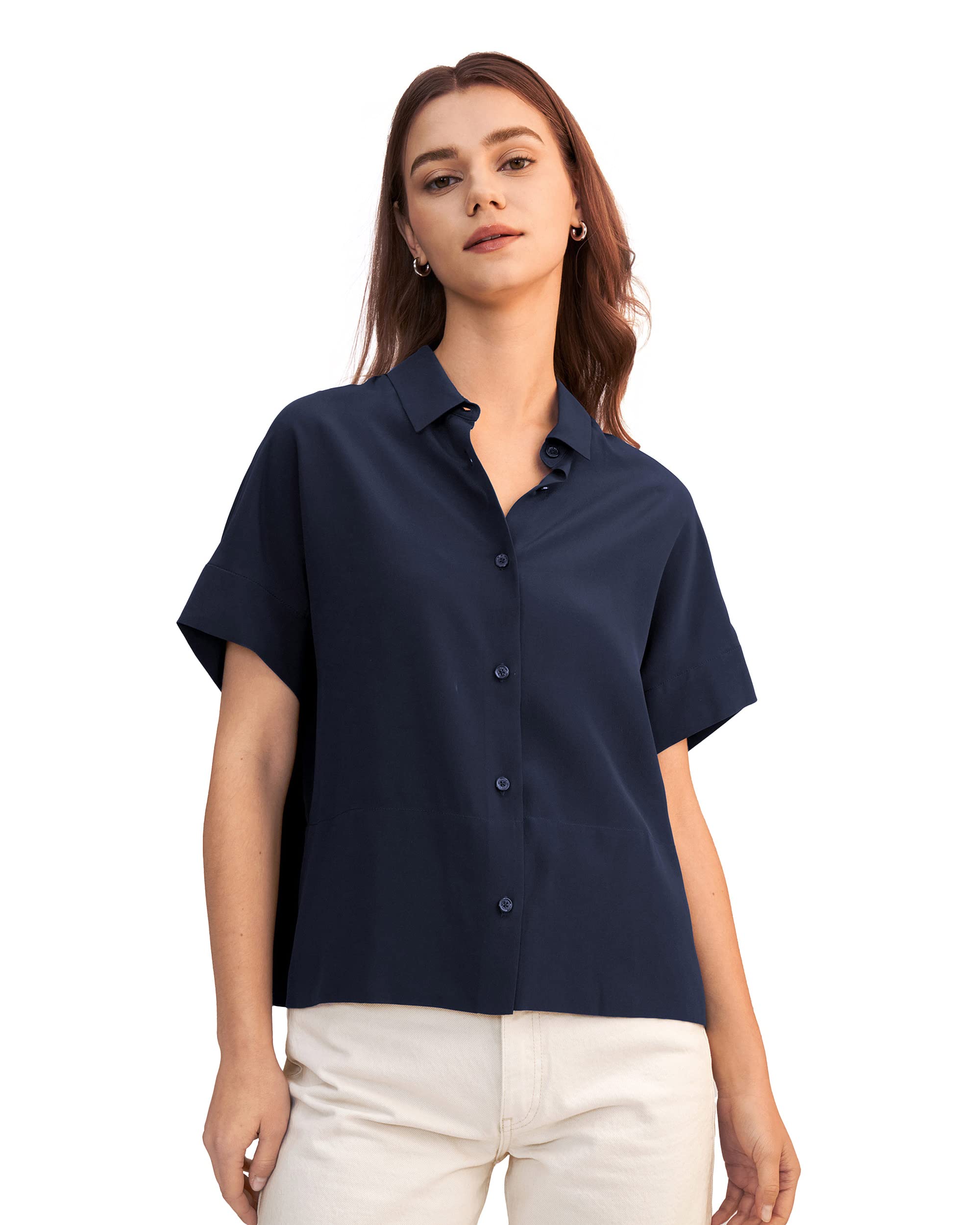 LilySilk Lässiges Lockeres Seiden T-Shirt mit kurzen Ärmeln Damen Seiden Blusen Tops Shirt Seidenhemd Kurzarm Hemdbluse Einfarbige Tops Frauen