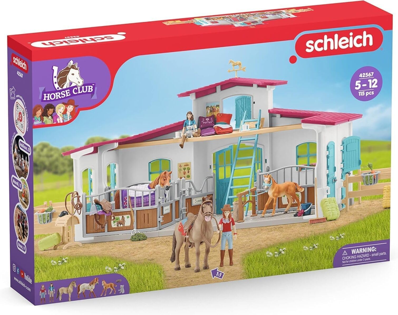 schleich HORSE CLUB | Reiterhof 42567 | Pferdestall mit Hannah, Lisa, 3 Pferden, Pferdeboxen und viel Zubehör | Geschenk für Mädchen & Jungen | Kinder Pferde Spielzeug ab 5 Jahren | Set aus 115 Teilen