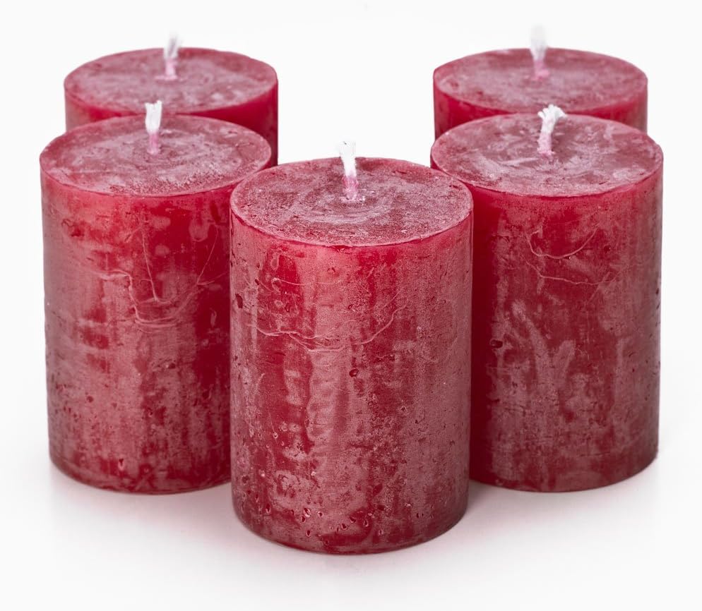 Christmas Candles - Unscented Red 3 Inch Tall x 2.2 Inch Wide Pillar Candle, Rustic Long Burning Natural Wax, Handmade Candles Set of 5 for Christmas Decorations