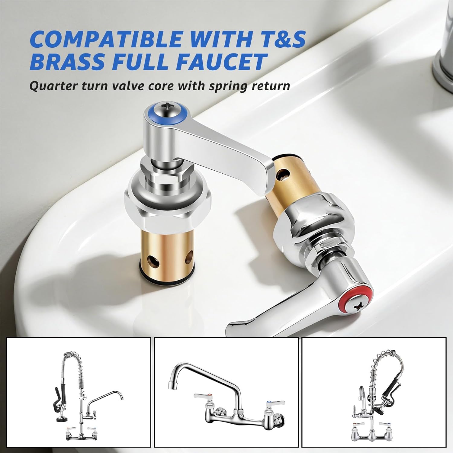 T&S Brass Faucet Parts Eterna Spindle Assembly Replacement, 002713-40 & 002714-40 Hot and Cold Side Handle Stem for Commercial Kitchen Faucet, 1 Pair (Red & Blue)