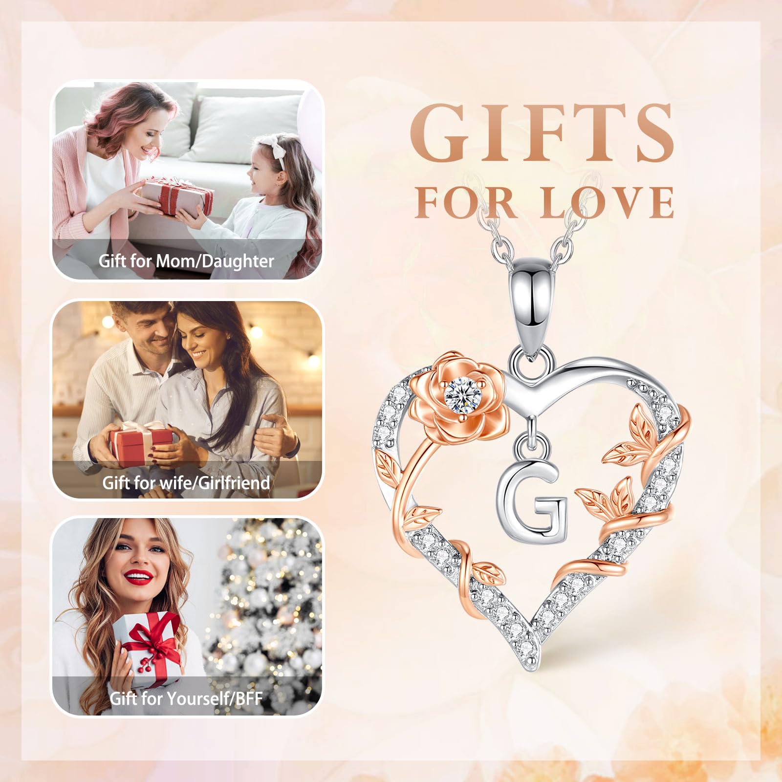 EUDORA Harmony Ball Collana con iniziali a Cuore Rosa per Donne, Lettera dalla A alla Z Collane con Iniziali dell'Alfabeto in Rame Placcato in Rodio Iniziali con Ciondolo Regali di Gioielli, 18"