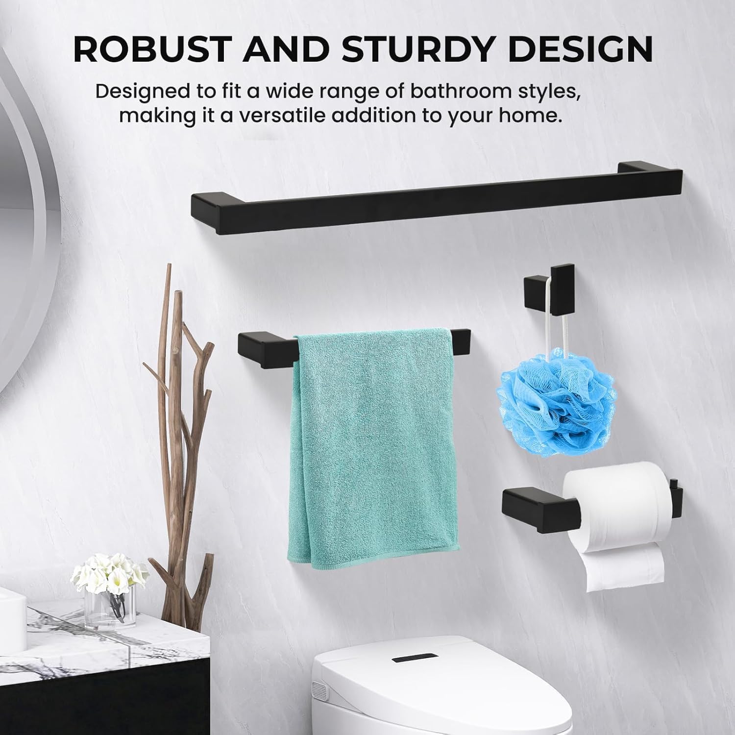 Klabb 4-Pieces Black Matte Bathroom Hardware Accessories Set,24 Inch SUS304 Stainless Steel Wall Mounted Towel Bars Set, Modern Rustproof Bathroom Accessories for Home, Apartment & Hotel